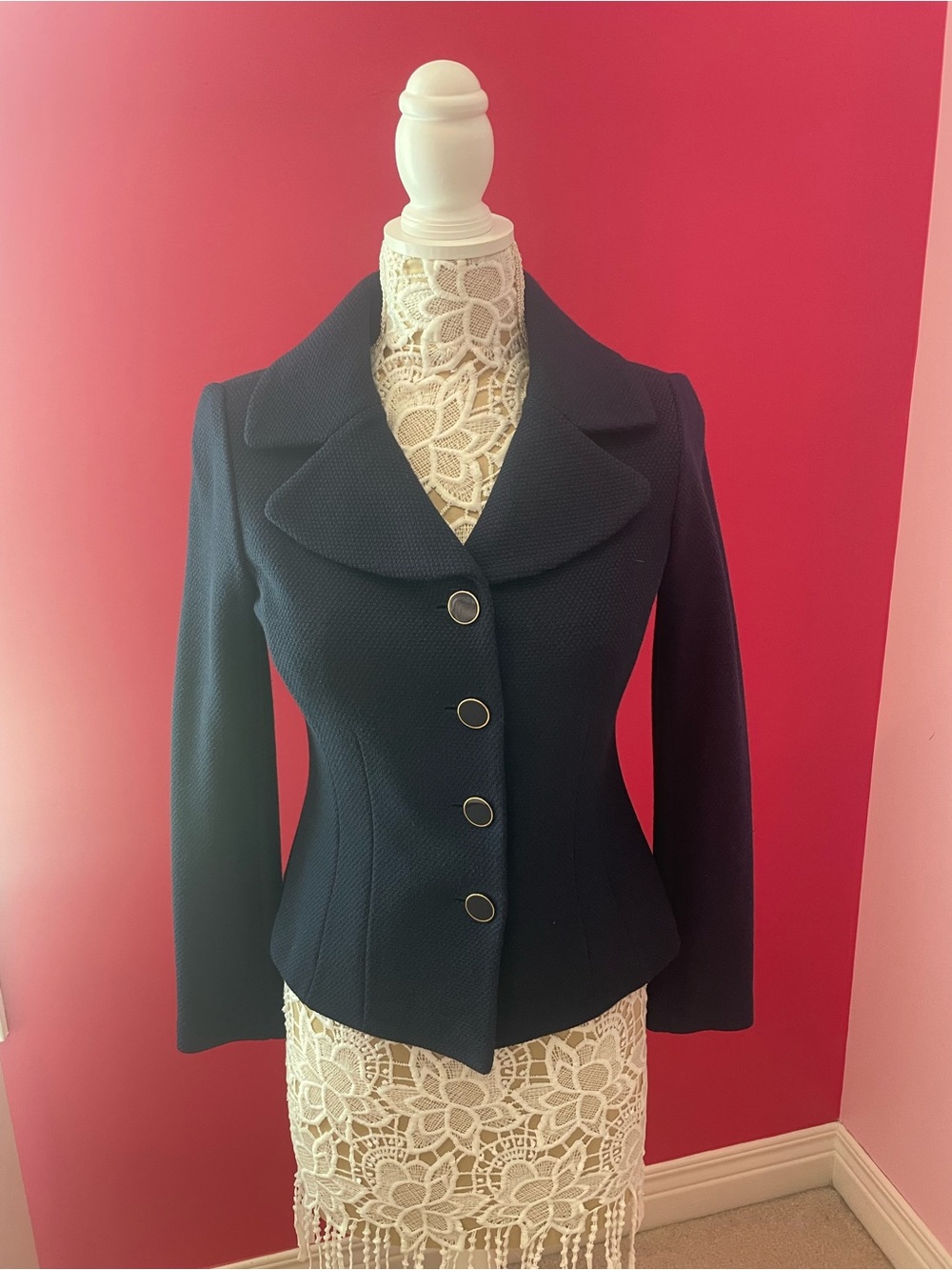 St. John Navy Textured Peplum Blazer with Gold-Tone Buttons